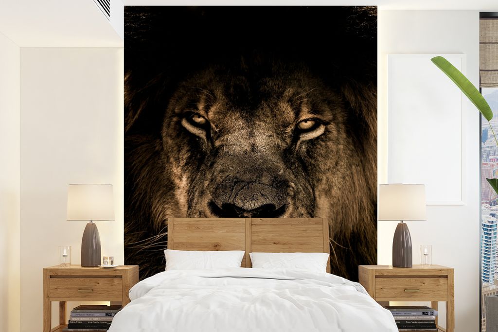 MuchoWow Fototapete für Wohnzimmer oder Schlafzimmer Wandtapete Vinyl Motivtapete Löwe - Tiere - Schwarz - Porträt - 195x260 cm - Wandbild