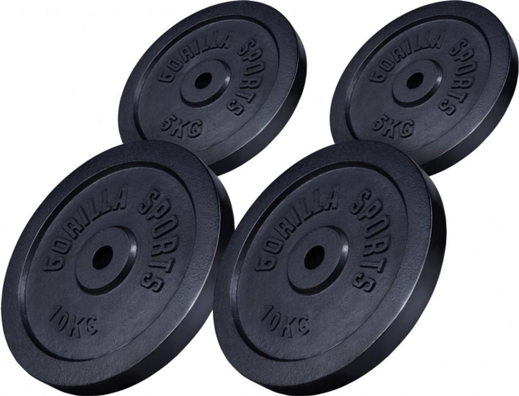 GORILLA SPORTS Hantelscheiben - 30 kg Set, 2x5 + 2x10 kg Gewichte, 30/31 mm, Gusseisen, Schwarz - Gewichtsscheiben, Bumper Plates