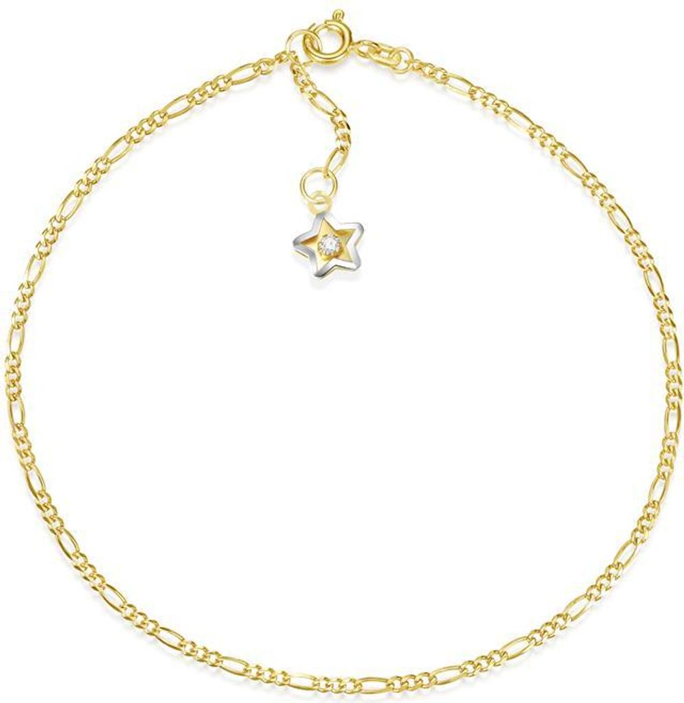 SILBERKETTEN STORE Fußkette Figaro 2mm mit Sternanhänger - echt 585 Gold, Länge wählbar - 27cm