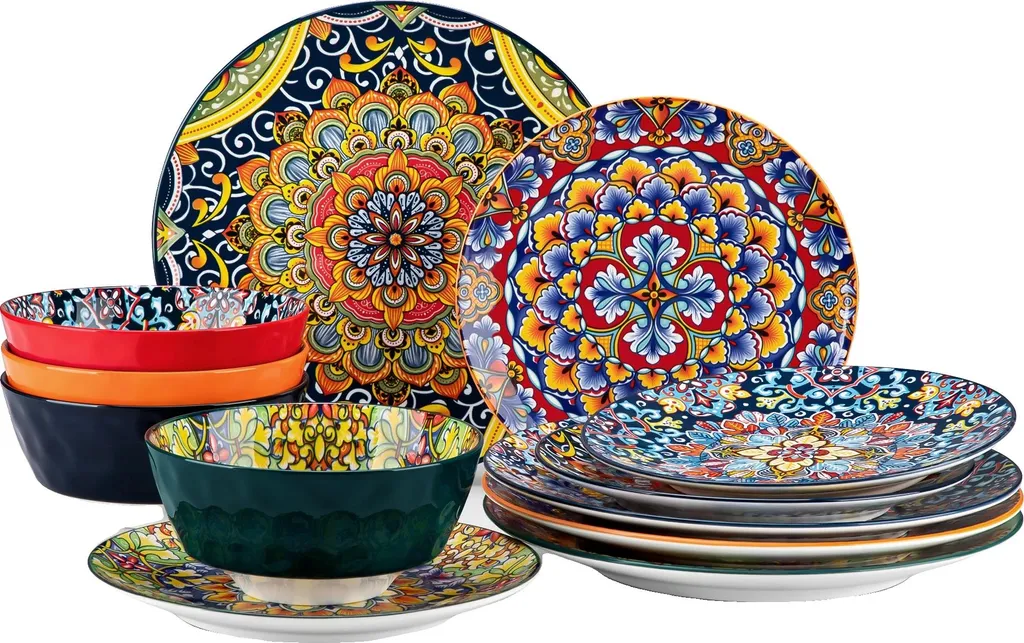 Set di stoviglie in ceramica, vivace motivo floreale, resistente e senza piombo, 01 colori misti, 12 pezzi