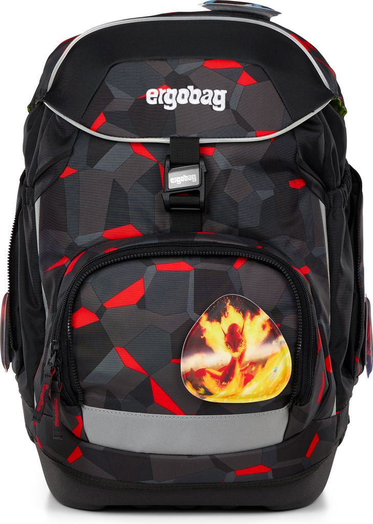 A front view of a black and red patterned backpack.