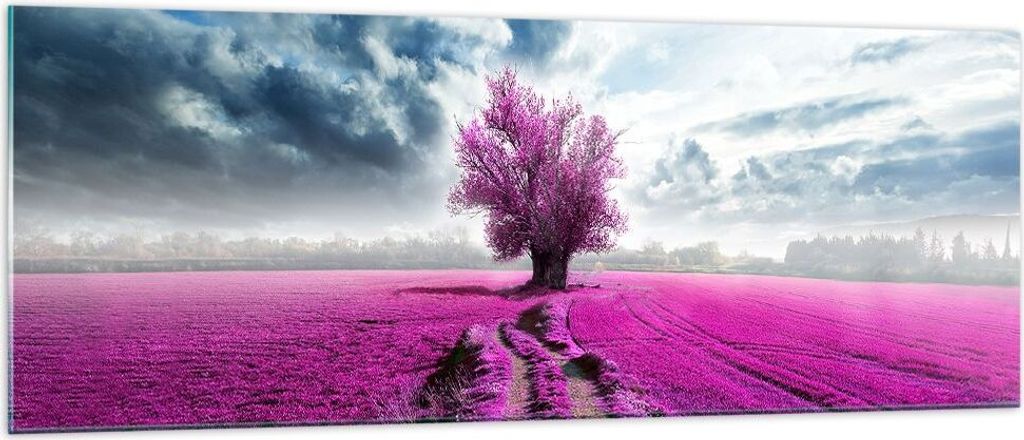 Bilder auf glas - Heidefeld Baum Wolken Landschaft - 140x50cm - Glasbilder - Wandbilder - Kunstdruck - zum Aufhängen bereit - Wanddekoration aus G...