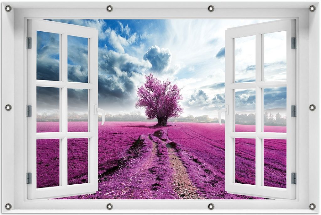 Wallario Outdoor-Poster für Garten oder Balkon 100 x 150 cm: Surreales Blumenfeld lila Blumen auf dem Feld