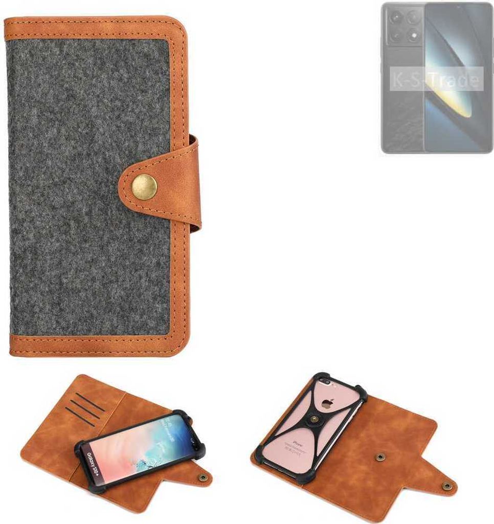 K-S-Trade Schutzhülle Handyhülle kompatibel mit POCO F6 Pro Filz Hülle Kunst-Leder dunkelgrau braun (1x)