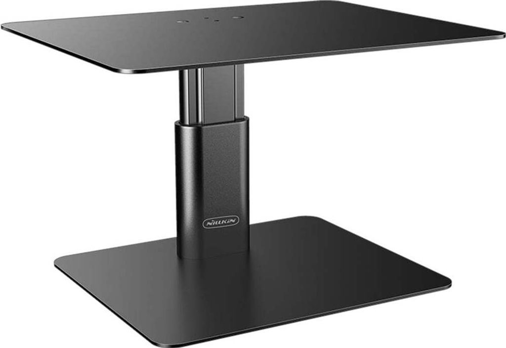 A black monitor stand with an adjustable height mechanism.