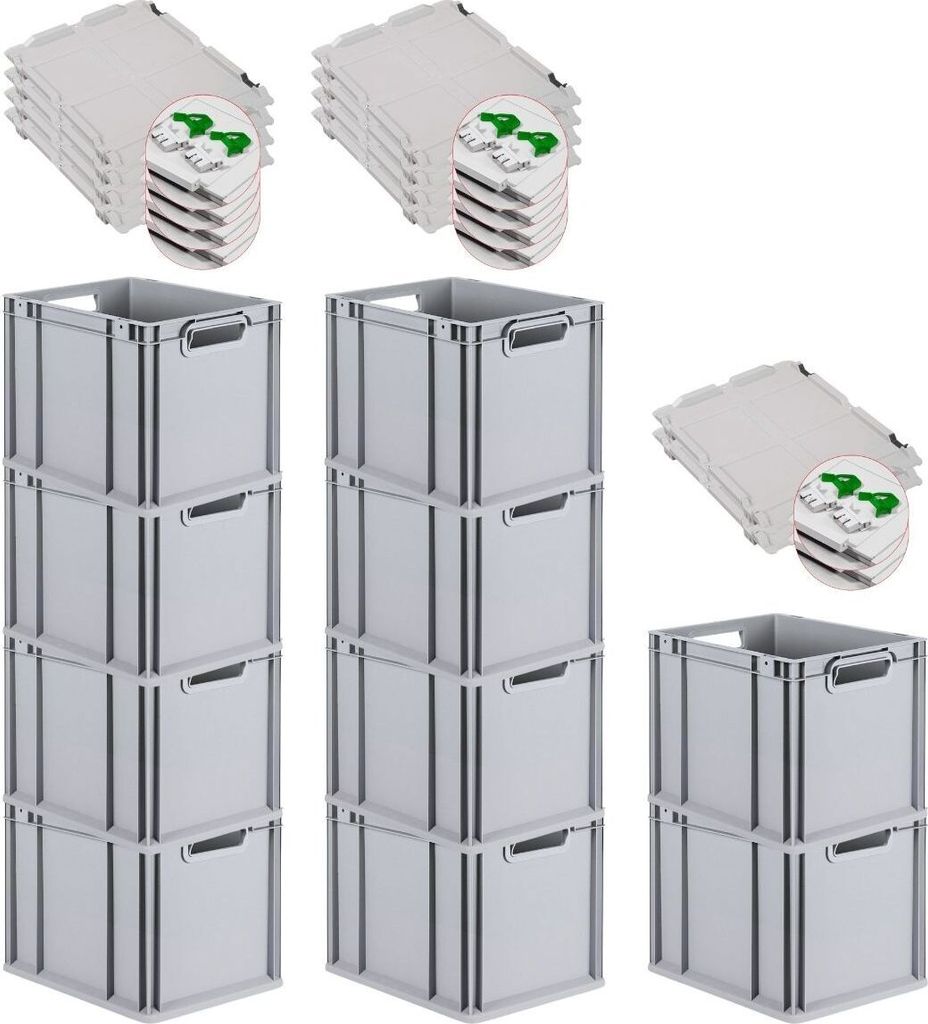 SuperSparSet 10x Eurobox NextGen Grip mit Scharnierdeckel und grünen Schiebeschnappverschlüssen | HxBxT 32x30x40cm | 30 Liter | Griffe offen | Gl...