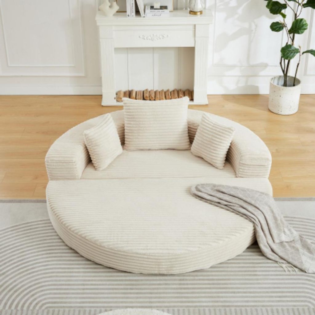 Zwei-in-Eins-Schlafsofa, das sowohl als halbrundes Sofa als auch als rundes Tagesbett genutzt werden kann, Die Armlehnen sind mit Stofftaschen