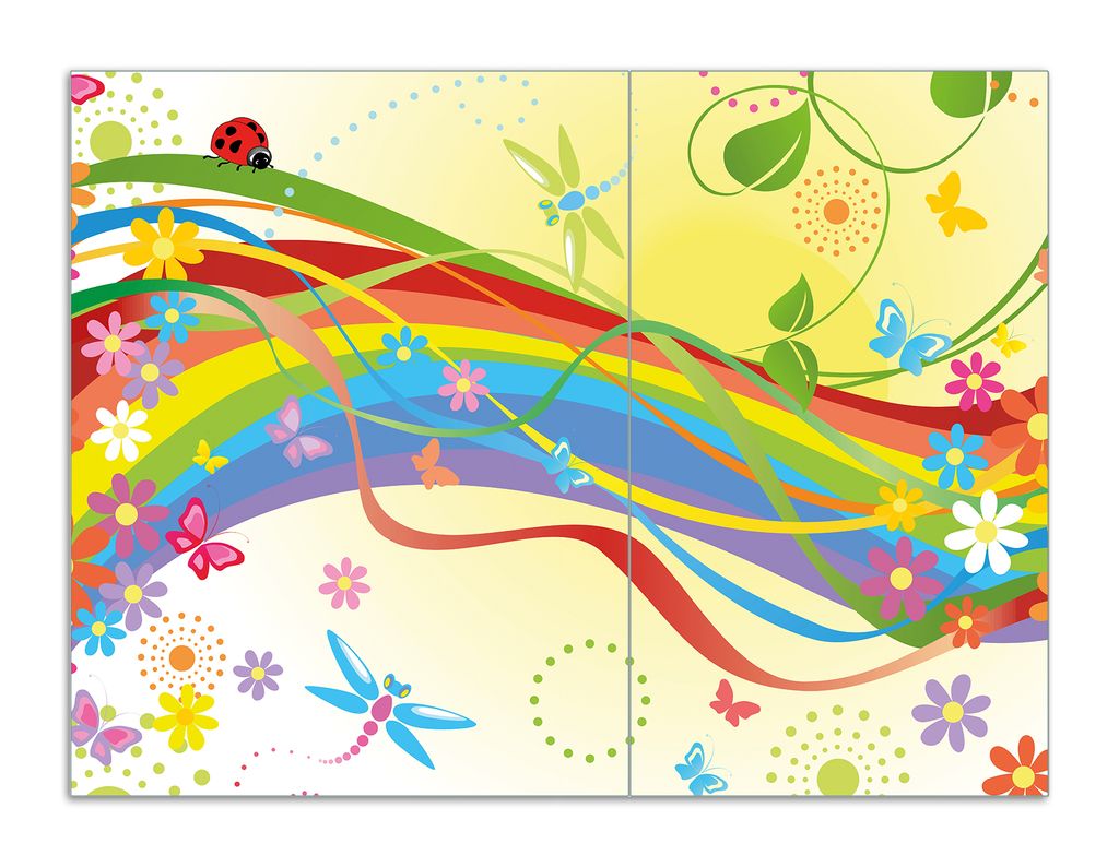 Wallario Herdabdeckplatte aus Glas, Größe 70 x 52 cm 2-teilig, Motiv Regenbogen im Sommer - Bienchen und Blümchen