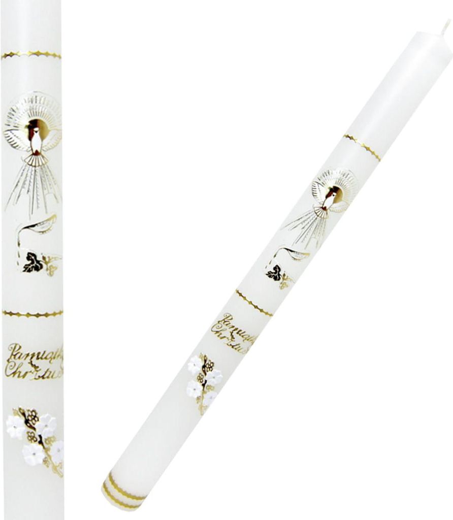 Taufkerze weiß mit Goldverzierung - Taube, 41cm