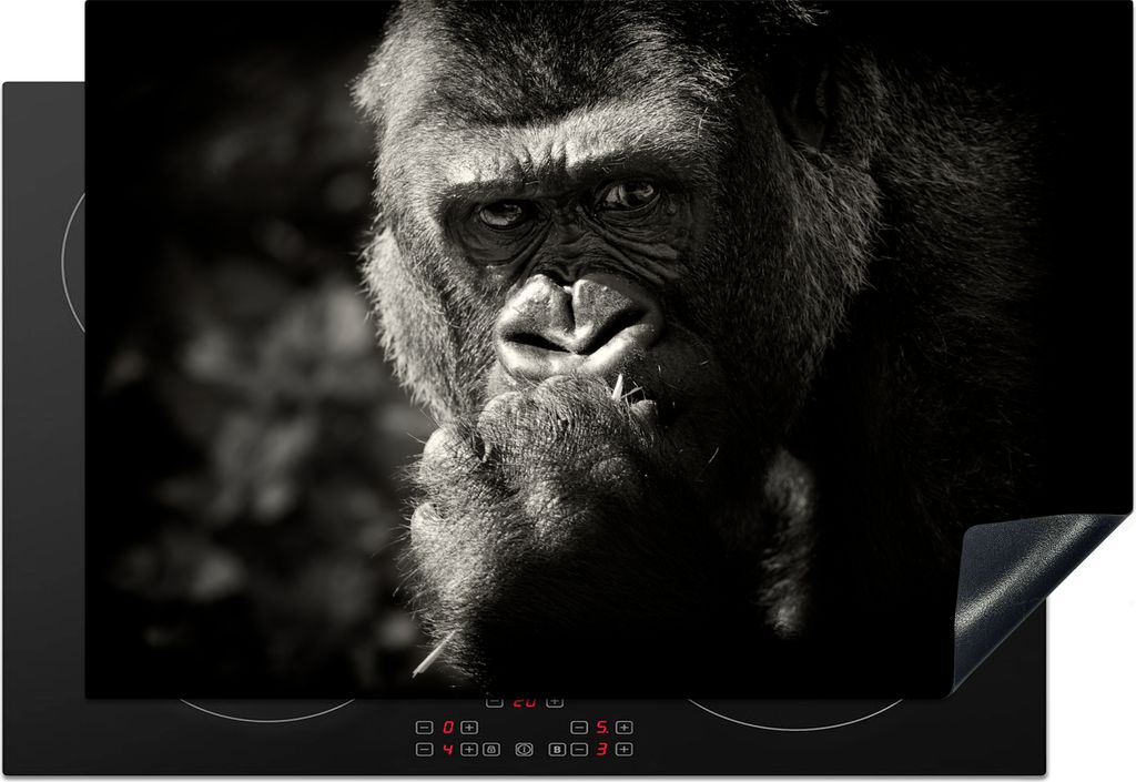 KitchenYeah Herdabdeckplatte Gorilla auf schwarzem Hintergrund in Schwarz und Weiß , 76x51cm, Küche Deko, Glaskeramikkochfeld Herdabdeckung, Ab...