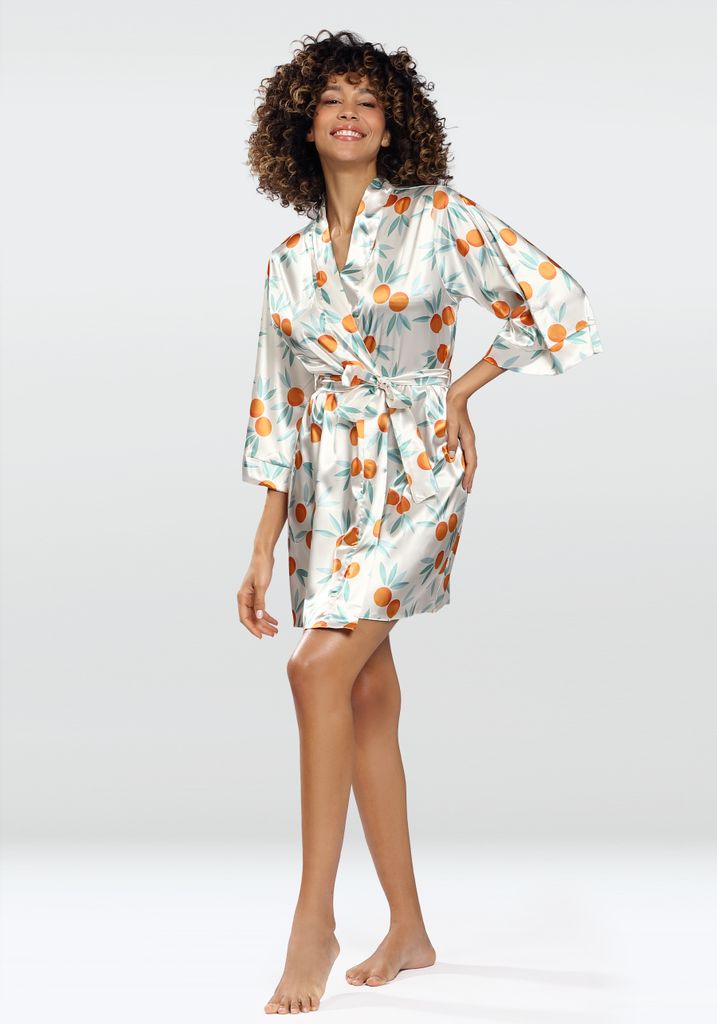 DKaren wunderschöner Morgenmantel aus Satin mit orangefarbenem Aufdruck