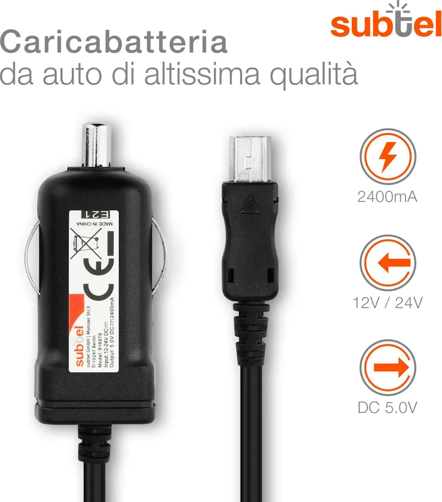 subtel Caricatore Mini USB da auto 1m compatibile con cavo ricarica per navigatore GPS, da 2.4A / 2400mA 5V caricabatteria da accendisigari - 2