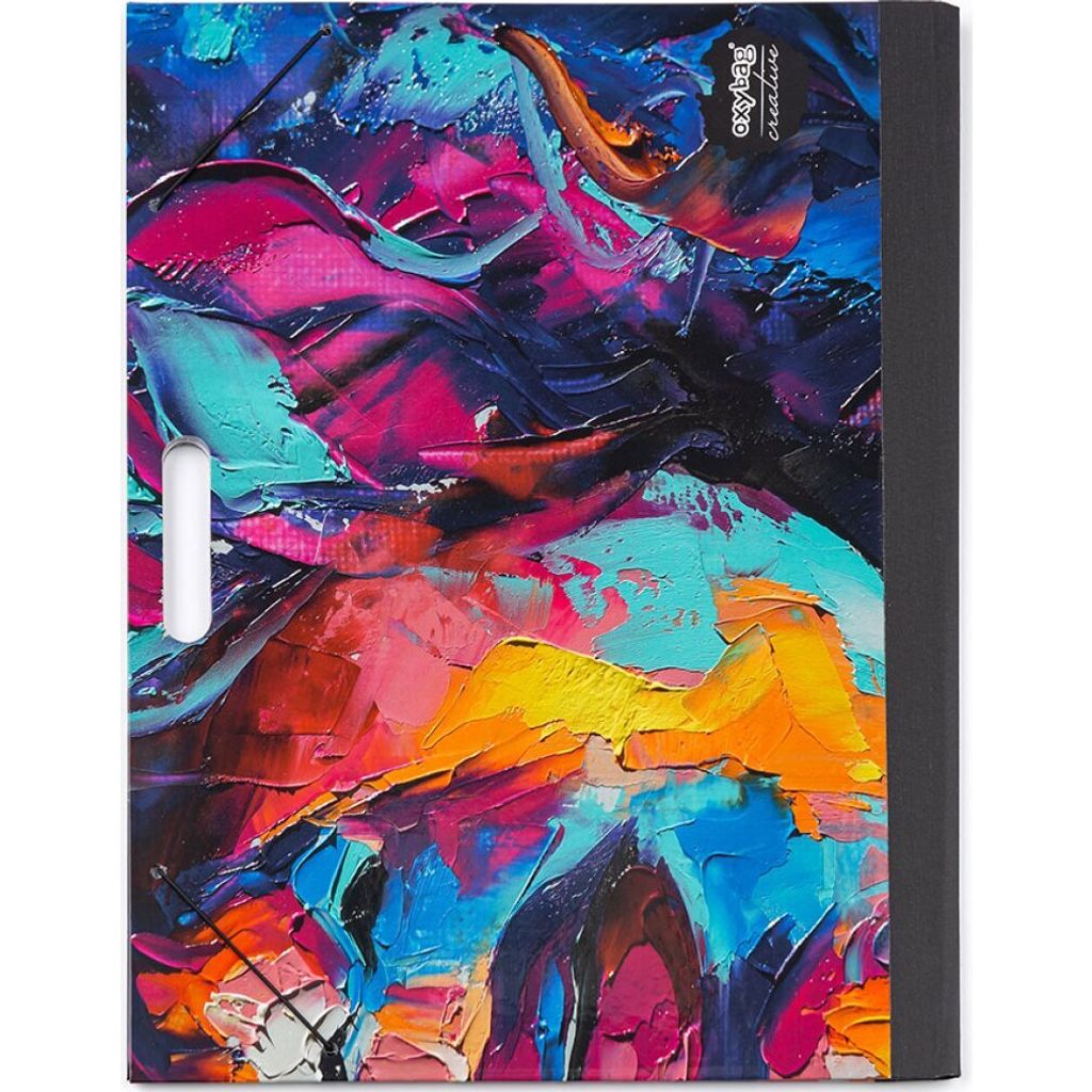 A close-up of a folder with an abstract painting on the front.