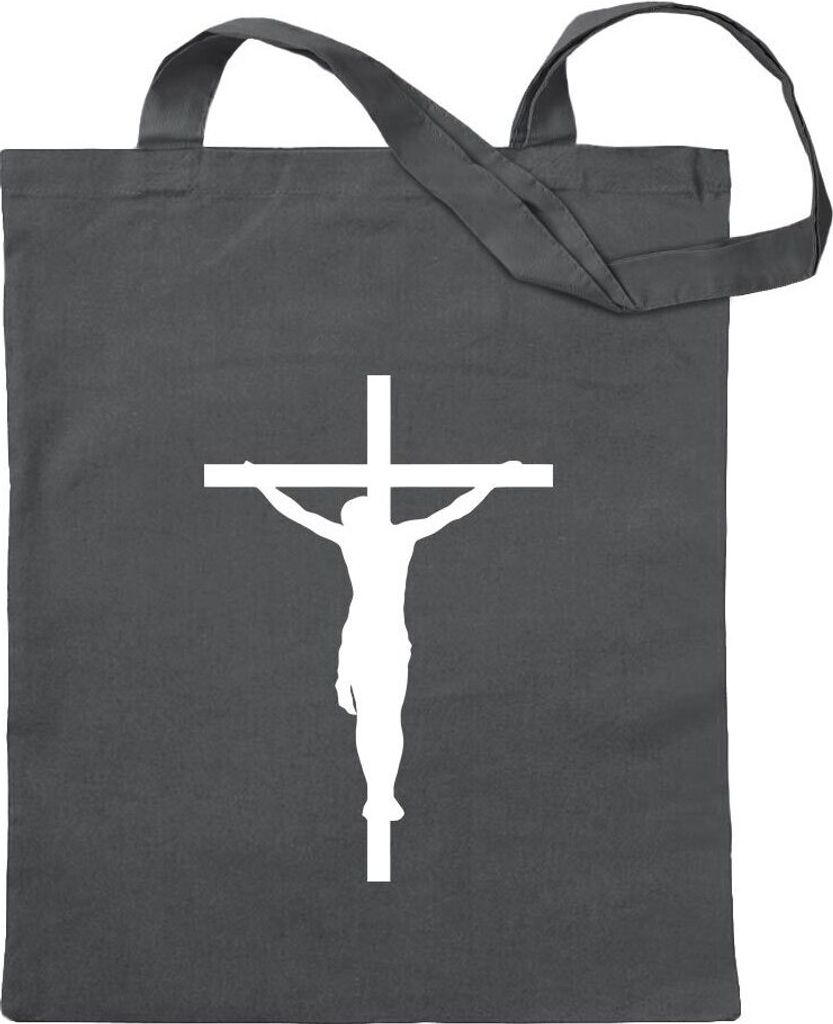 Kiwistar - Baumwolltasche - stahlgrau - Jesus am Kreuz - Tragetasche Stoffbeutel Umhängetasche langer Henkel