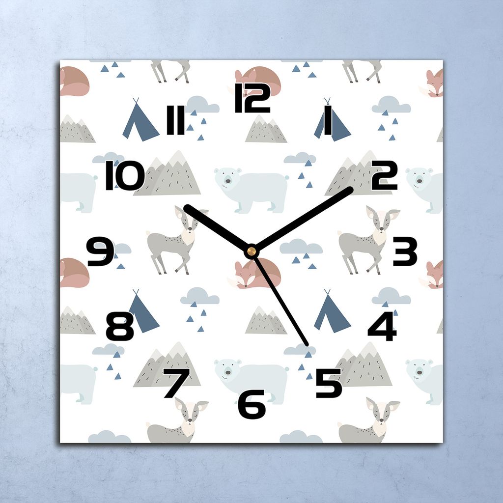 Wanduhr Echt-Glas-Küchenuhr Waldtiere Fuchsbär Quarz 30x30 Deko Bilder