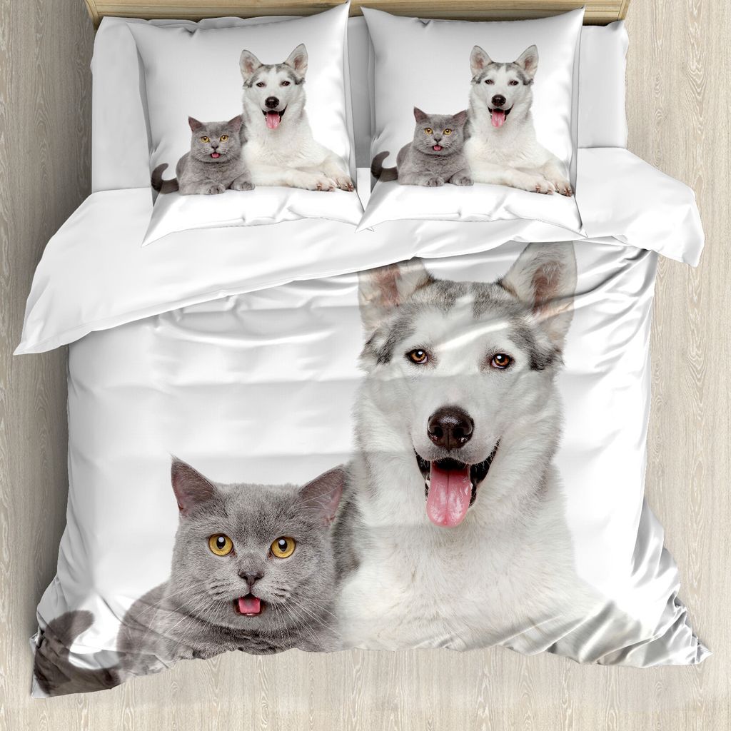 ABAKUHAUS Katze Bettbezug, Tiere Haustiere Hunde Digitale, Milbensicher Allergiker geeignet mit Kissenbezügen, 200 cm x 200 cm - 80 x 80 cm, Weiß...