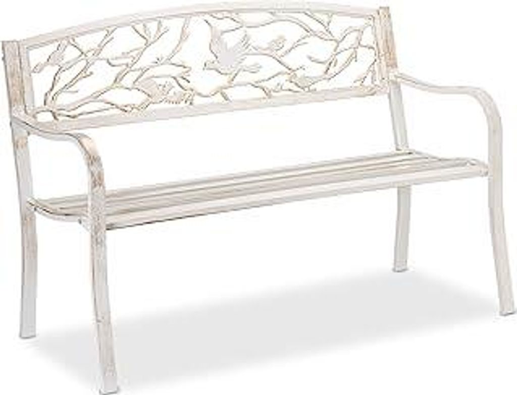 Gartenbank, Vögel Muster, 2-Sitzer, Vintage, Garten & Balkon, Stahl, Sitzbank, HBT: 87x127x57 cm, weiß/bronze