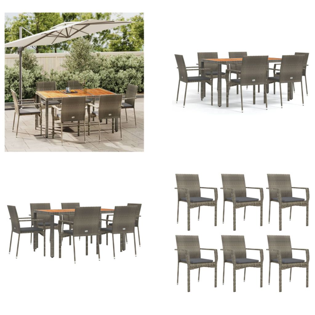 vidaXL 7 tlg. Garten Essgruppe mit Kissen Grau Poly Rattan - Garten Essgruppe - Garten Essgruppen - Essgruppe - Essgruppe Terrasse