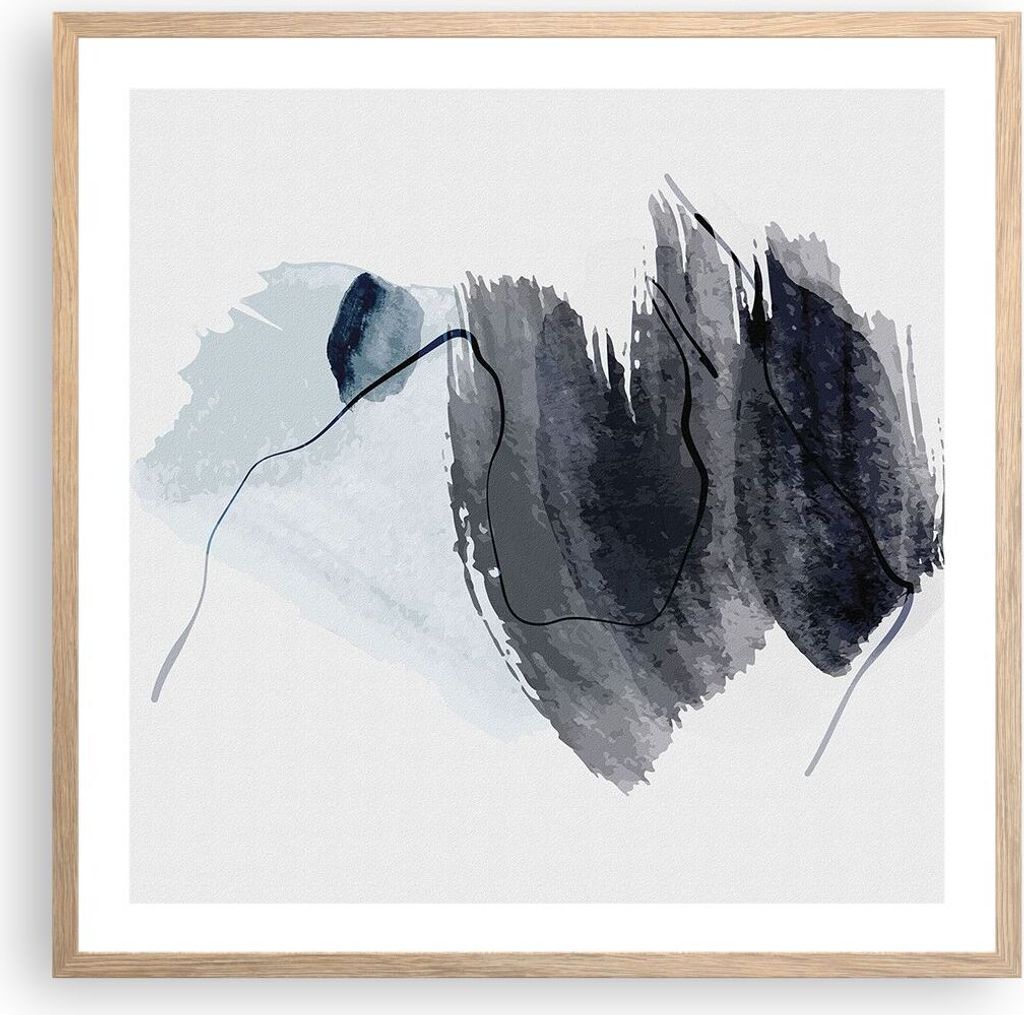 Gerahmtes Poster - Rahmen in heller Eiche - Blau Grau Aquarell - 60x60 cm - Wand Bild - Wanddeko - Wandbilder - Kunstposter - Wandposter - Bilderra...