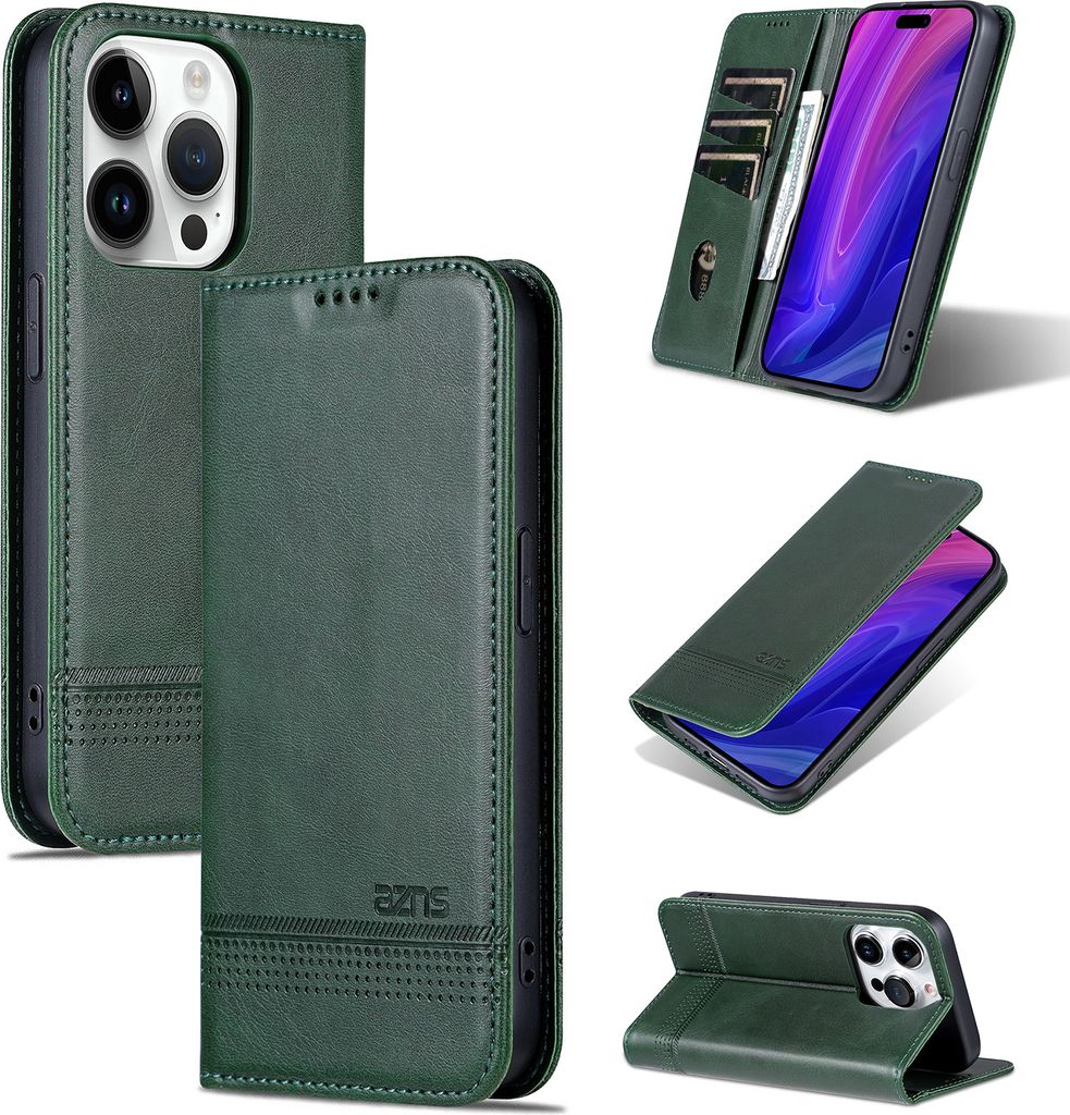 Leder Hülle für iPhone 15 Pro, Klapphüllen Brieftasche Magnetverschluss Ständer Schutzhülle Grün