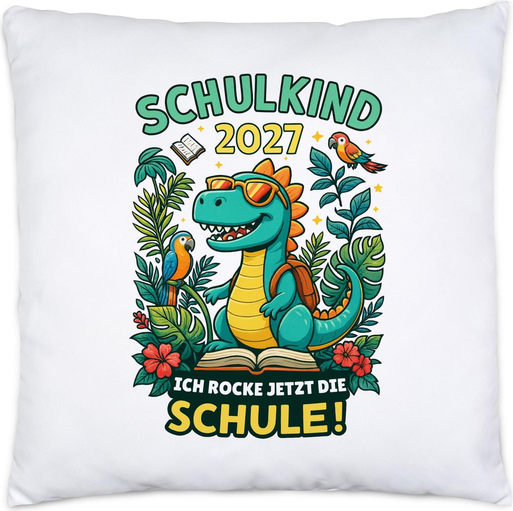 Schulkind 2027 Dino Kissen Ich rocke jetzt die Schule Einschulung Geschenk Erstklässler Kinder buntes Motiv
