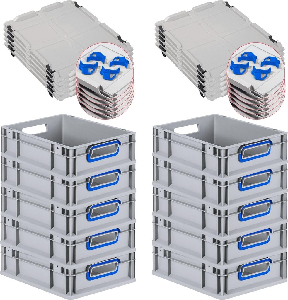 SparSet 10x Eurobox NextGen Color mit Auflagedeckel und Schiebeschnappverschlüsse | HxBxT 12x30x40cm | 11 Liter | Griffe blau offen | Glatter Bode...