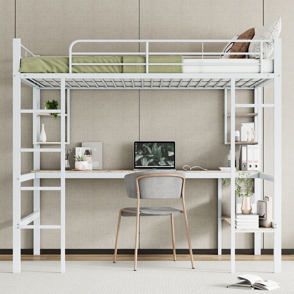 Hausbett mit Schreibtisch Vier Kleinen Regalen und Einem Großen Bücherregal Hochbett Kinderbett Einzelbett für Kinder 140x200cm Weiß
