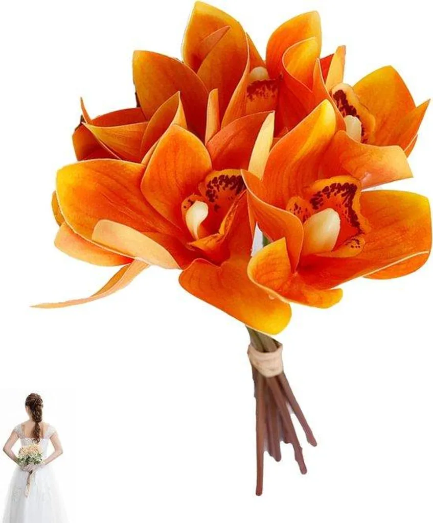 Orchidées artificielles orange réalistes lot de 6 sans entretien