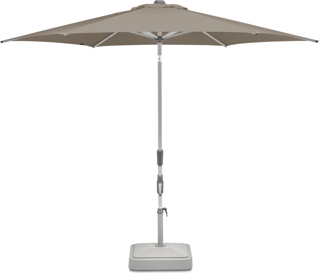 A light taupe patio umbrella with a gray pole and base, shown against a white background.