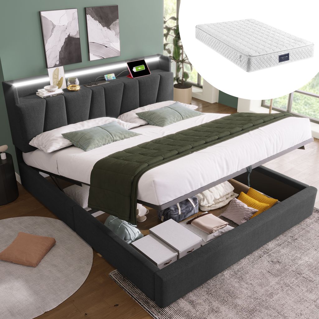 Sweiko Polsterbett Doppelbett mit aufladen USB Ladefunktion Stauraum-Kopfteil und LED-Beleuchtung,140x200cm,Grau(Mit Matratze)