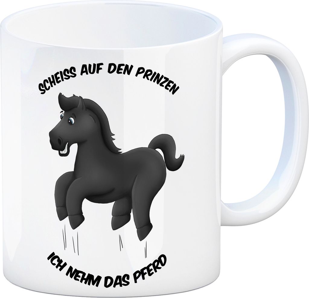Kaffeebecher mit schwarzes Pferd Motiv und Spruch: Scheiß auf den Prinzen, ich