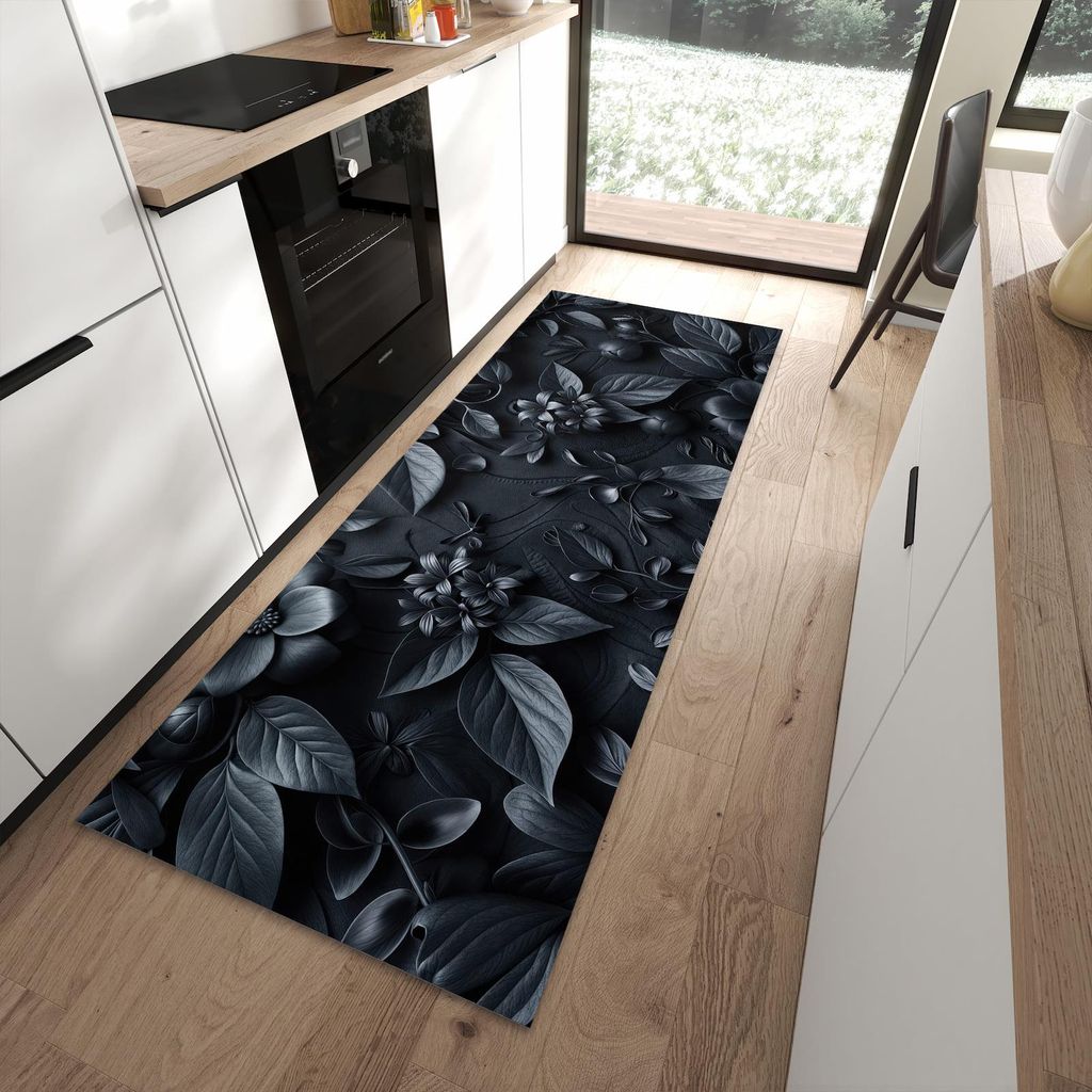 Küchenteppich 90x240cm rutschfest & abwischbar PVC Läufer - Blumenmuster Dunkel