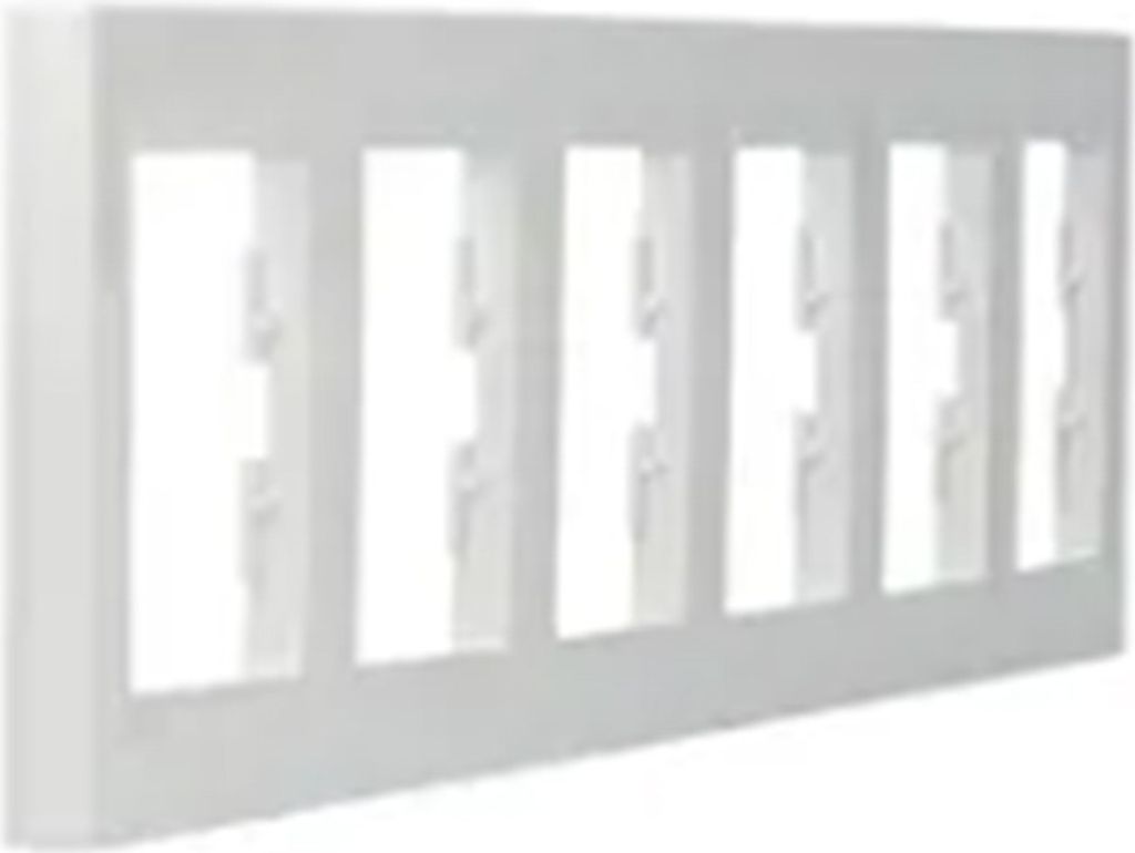 A white, six-gang horizontal light switch frame.