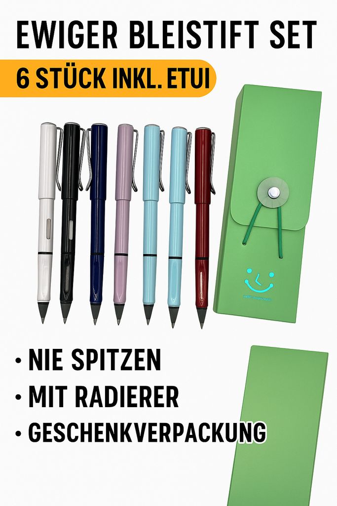 Ewiger Bleistift Set 6 Stück mit Radiergummi & Etui nie Produktbild 