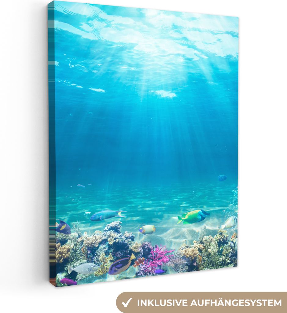 MuchoWow - Leinwandbilder - Unterwasserwelt - Meerestiere - Wasser - Korallen - Blau, Wandbild, Wanddeko Bilder Wohnzimmer, 90x120 cm