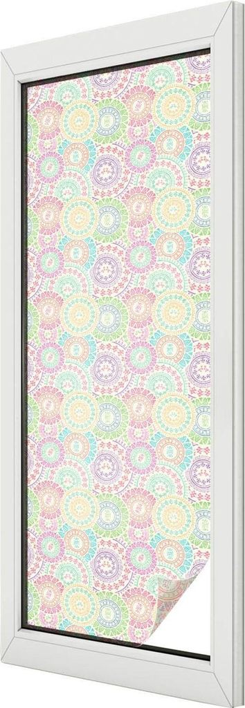 Buntglas Fensterfolie – 146x50 cm – Stained-Glass Design – blickdichte dekorative Sichtschutzfolie – selbstklebend, UV-Schutz – Bunte Man...
