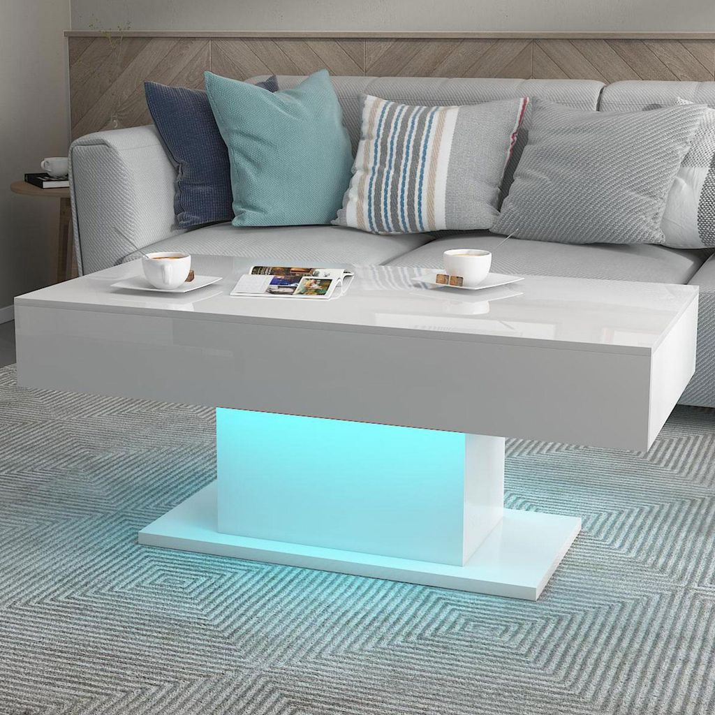 Radelldar Modern Couchtisch Wohnzimmertisch Hochglanz mit Beleuchtung, USB, 110x55x50cm, Weiß