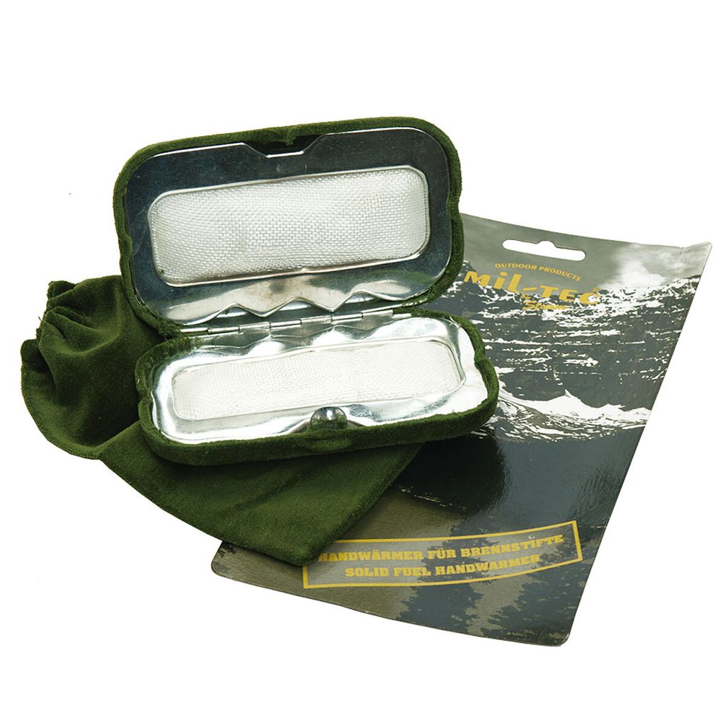 An open hand warmer with a velvet pouch and packaging.