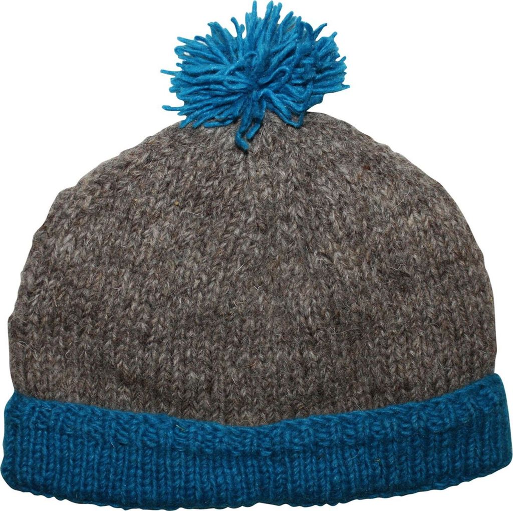 Wollmütze mit Bommel - grau-meliert - hellblau - warme Strickmütze - Bommelmütze