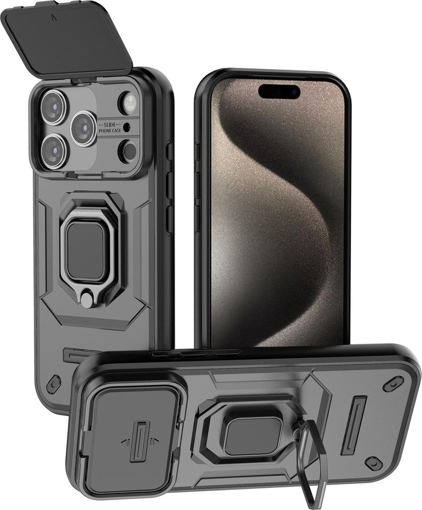 Hülle für iPhone 17 Pro Dual Layer Handyhülle Schiebe Kamera Schutz und Ringhalter Ständer Schwarz