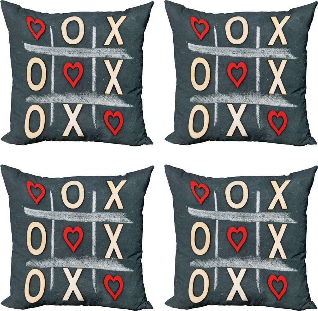 ABAKUHAUS Xo Kissenbezug Set (4 Stück), Vintage Style Kreide geschrieben, Moderner Doppelseitiger Digitaldruck, 60 cm x 60 cm, Blau, Grau, Rot-Creme