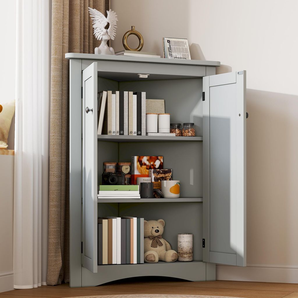 Merax Badezimmerschrank Eckschrank mit 2 Türen, Dreiecksdesign, 3 Ebenen, Bücherregal, Klein Schrank, Vitrine, für Wohnzimmer, Grau
