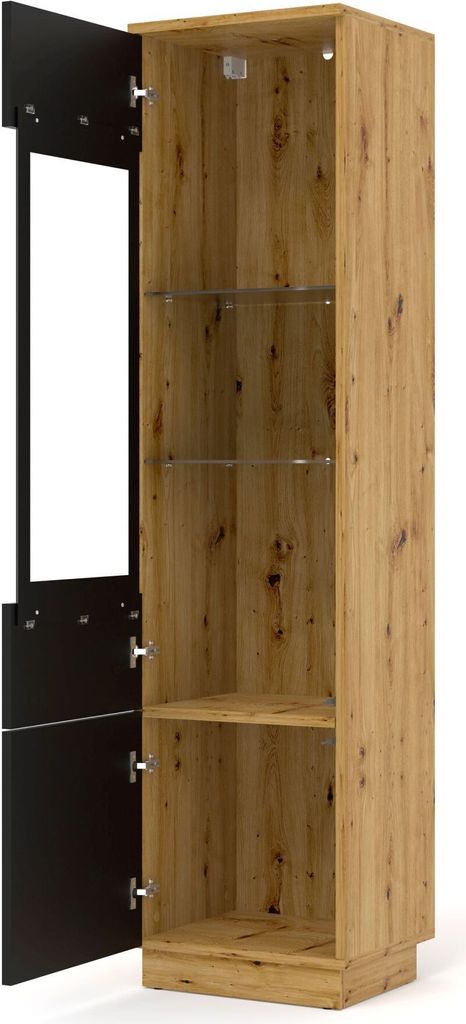 A tall, narrow cabinet with an open door, revealing glass shelves and a wood-grain interior.