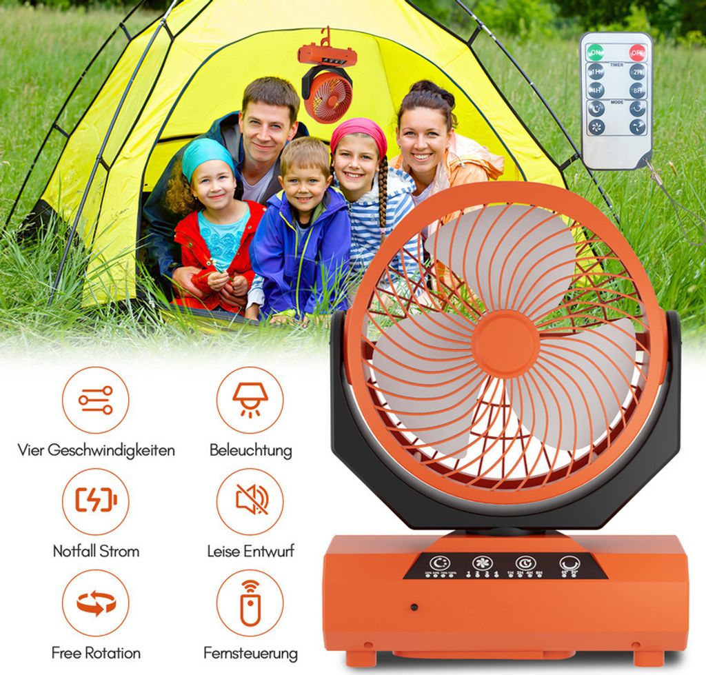 Clanmacy Camping Ventilator Multifunktionales 2in1 Camping-Lüfterlicht, Tragbarer USB-Campingventilator für Zelt mit LED-Lampe Laterne Fernbedien...