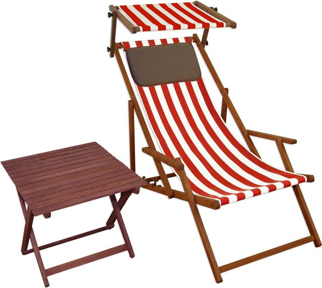 Liegestuhl rot-weiß Gartenstuhl Tisch Sonnendach Kissen Deckchair Buche Strandstuhl 10-314 S T KD