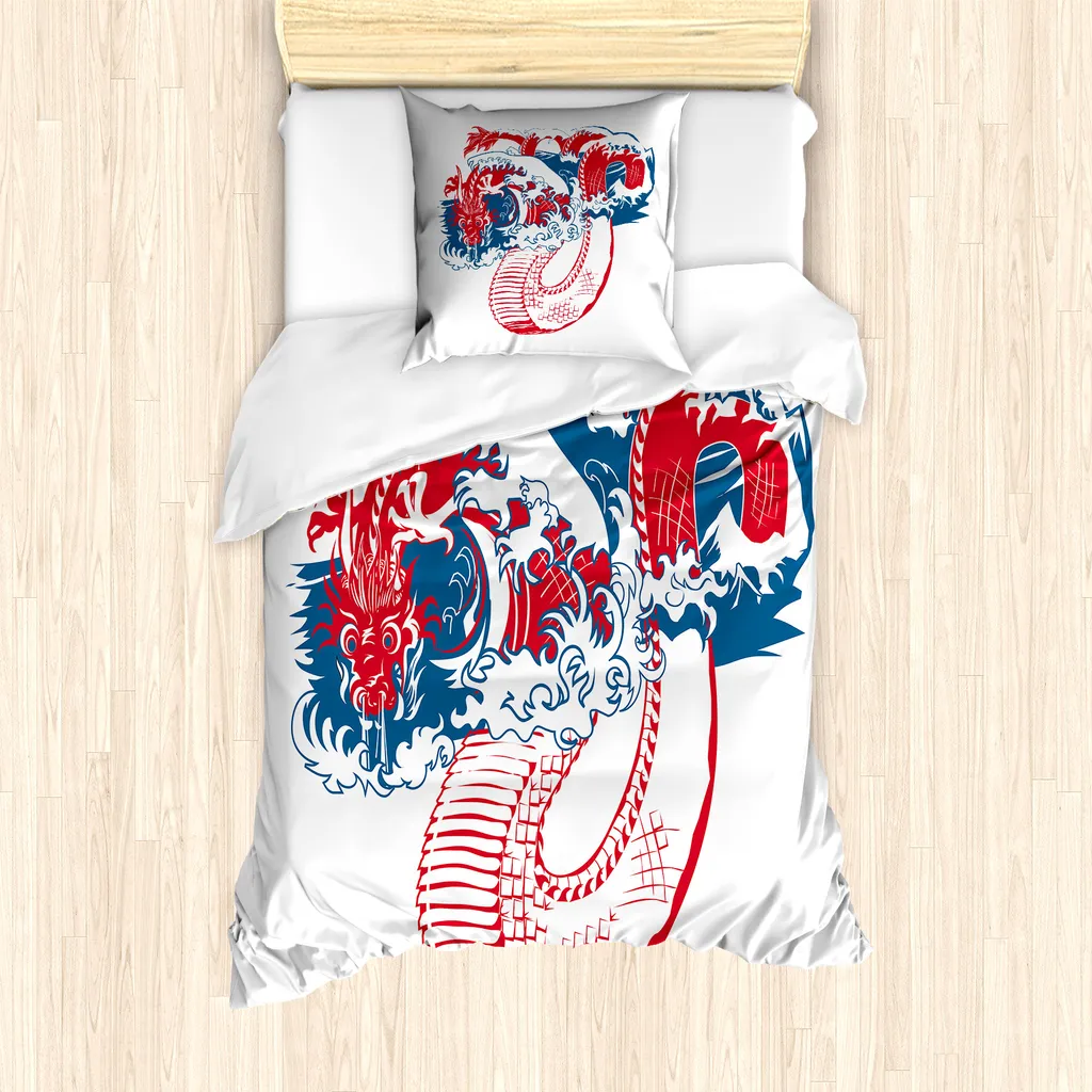 ABAKUHAUS Set copripiumino giapponese per letti singoli, stile tradizionale orientale, antiacaro, adatto a chi soffre di allergie, con federa, 135 cm x 200 cm - 80 x 80 cm, blu notte vermiglio