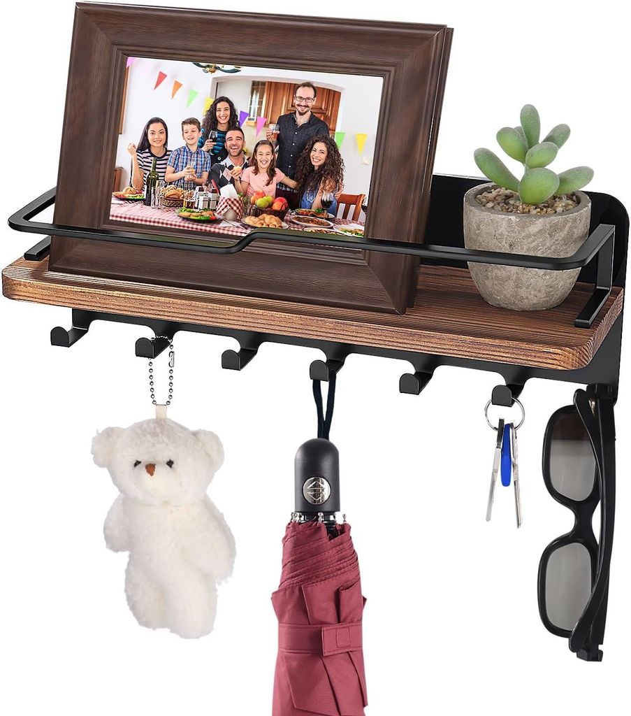 Schlüsselbrett Holz mit Ablage, Schlüsselablage Wand mit 7 Schlüsselhaken, Modern Schlüsselboard für Eingang, Flur und Wohnräume