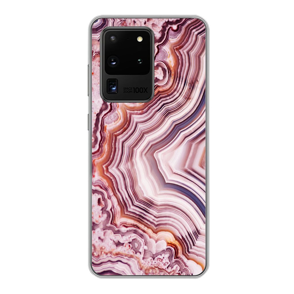 MuchoWow Handyhülle Schutzhülle Hülle für Samsung Galaxy S20 Ultra Naturstein - Rosa - Luxus Silikon Softcase Handy Hülle - Karteninhaber