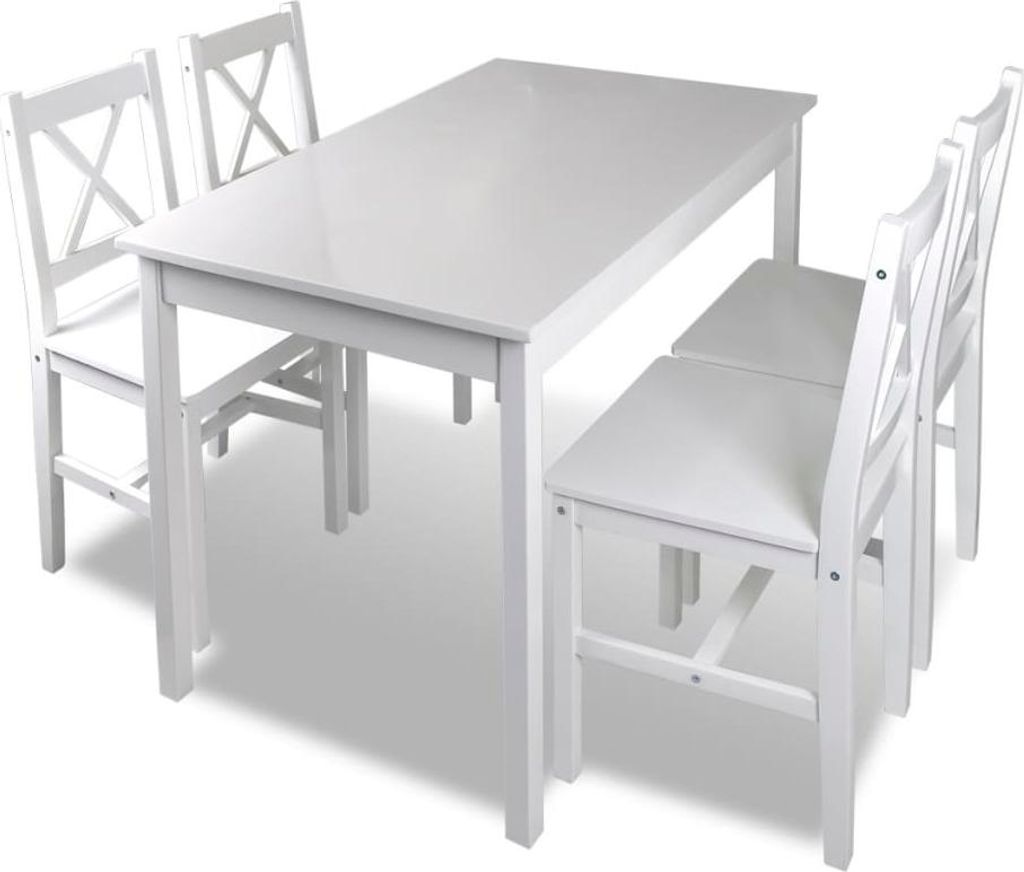 A white dining table with four chairs, presented on a white background.