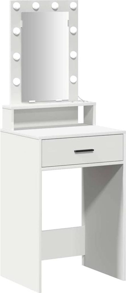 A white vanity table with a mirror and lights.